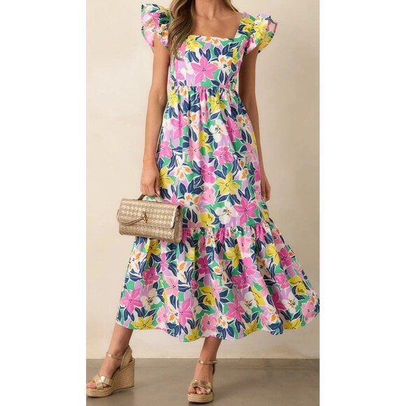 Meet Me In Santorini Sz M Floral Flutter Sleeve Tie Back Cut Out Maxi Dress - Picture 2 of 12